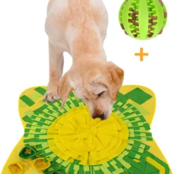 Snuffelmat Hond 70x70cm Inclusief Rubberen Massage Bal & E-book – Speelmat Hond – Denkspel Hond – Honden Speelgoed – Anti Schrok Mat – Voedingsbal – Honden Snoepjes – Cadeau Tip