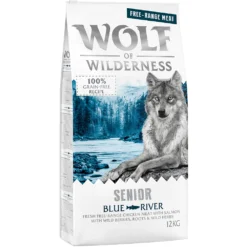12kg Wolf Of Wilderness Senior Blue River Scharrelkip & Zalm Hondenvoer Droog
